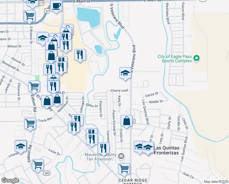 map of restaurants, bars, coffee shops, grocery stores, and more near 1301 Paseo Encinal Drive in Eagle Pass