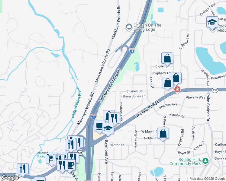 map of restaurants, bars, coffee shops, grocery stores, and more near 138 Springwood Circle in Longwood