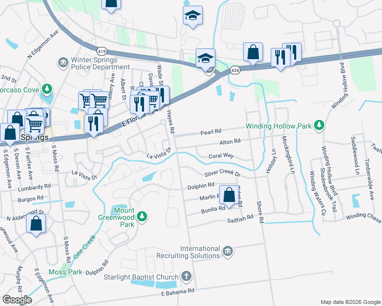 map of restaurants, bars, coffee shops, grocery stores, and more near 605 Alton Road in Winter Springs