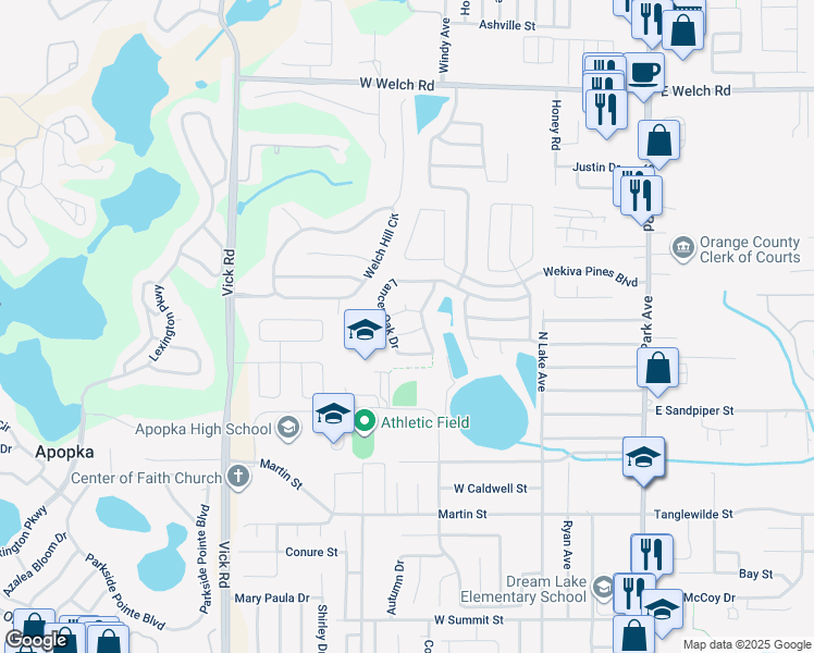 map of restaurants, bars, coffee shops, grocery stores, and more near 407 Quail Wood Lane in Apopka