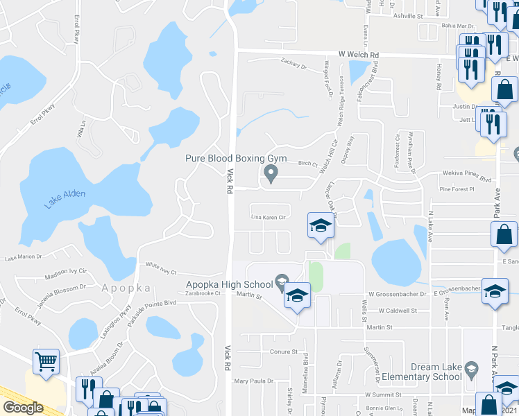 map of restaurants, bars, coffee shops, grocery stores, and more near 433 Lisa Karen Circle in Apopka