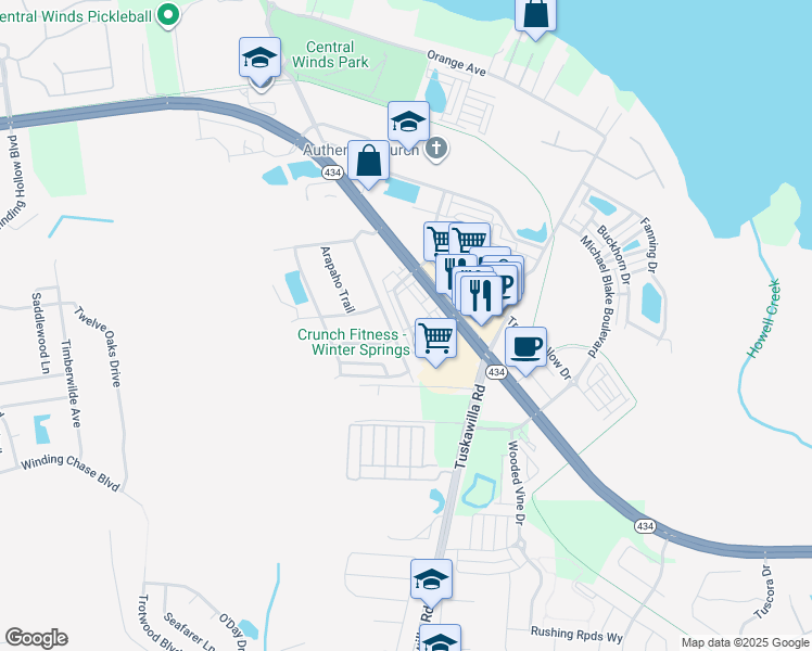 map of restaurants, bars, coffee shops, grocery stores, and more near 251 McLeod's Way in Winter Springs