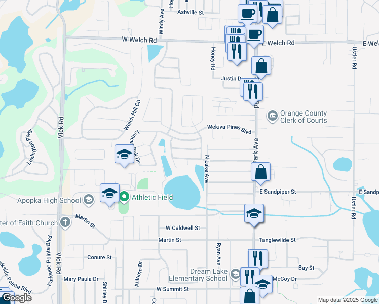 map of restaurants, bars, coffee shops, grocery stores, and more near 102 Knights Hollow Drive in Apopka