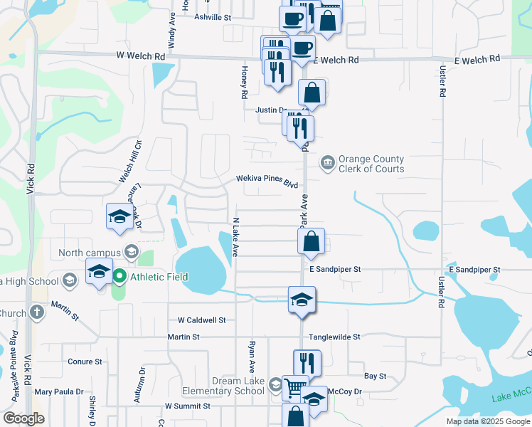 map of restaurants, bars, coffee shops, grocery stores, and more near 2 East Albatross Street in Apopka