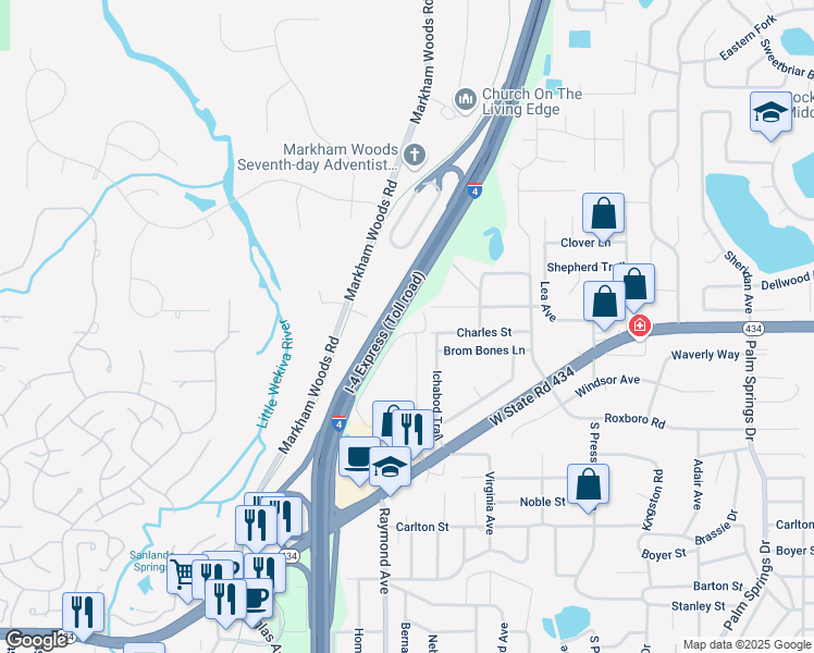 map of restaurants, bars, coffee shops, grocery stores, and more near 138 Springwood Circle in Longwood