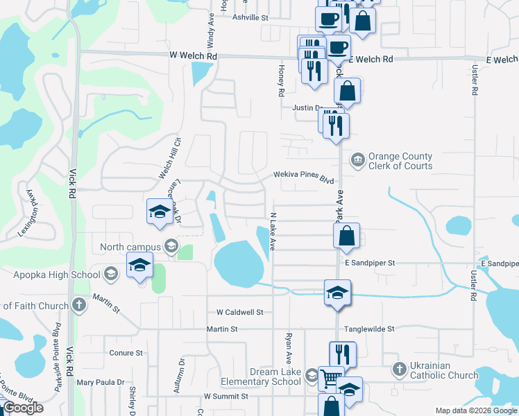 map of restaurants, bars, coffee shops, grocery stores, and more near 89 Knights Hollow Drive in Apopka