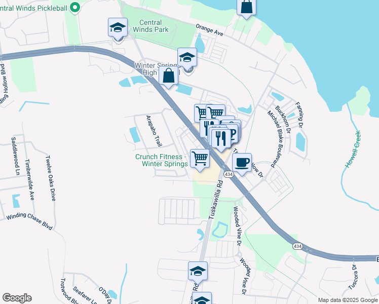 map of restaurants, bars, coffee shops, grocery stores, and more near 329 Lansbrook Lane in Winter Springs