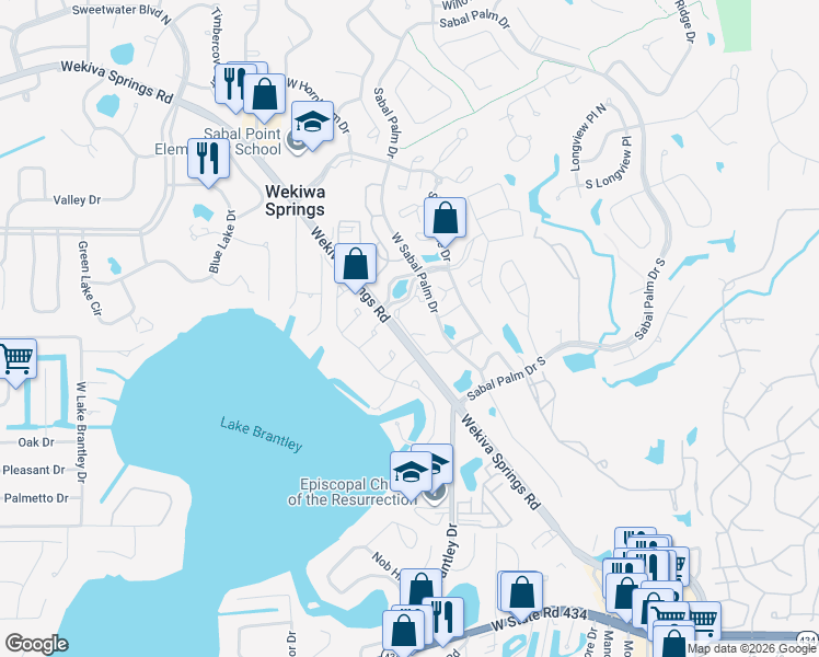 map of restaurants, bars, coffee shops, grocery stores, and more near Unnamed Road in Wekiwa Springs