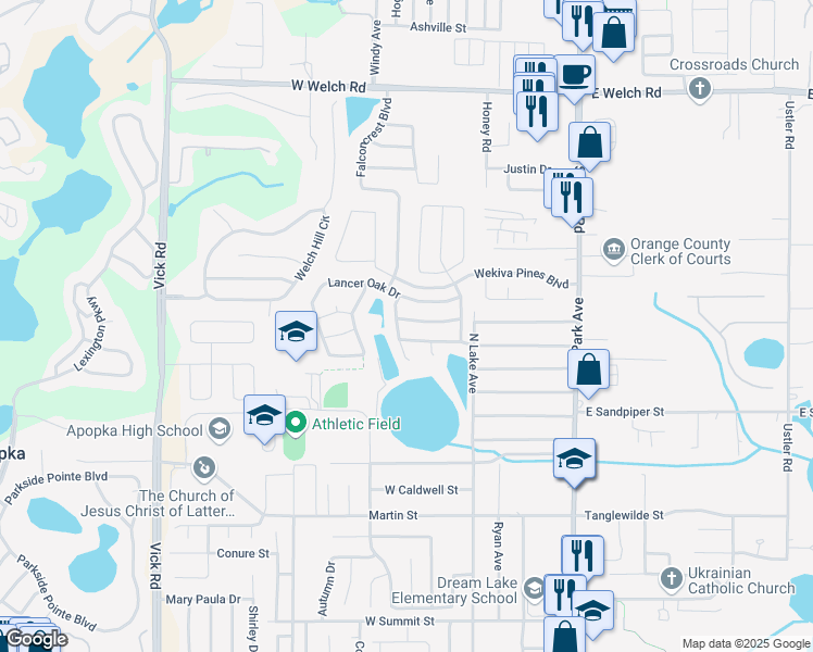 map of restaurants, bars, coffee shops, grocery stores, and more near 144 Knights Hollow Drive in Apopka