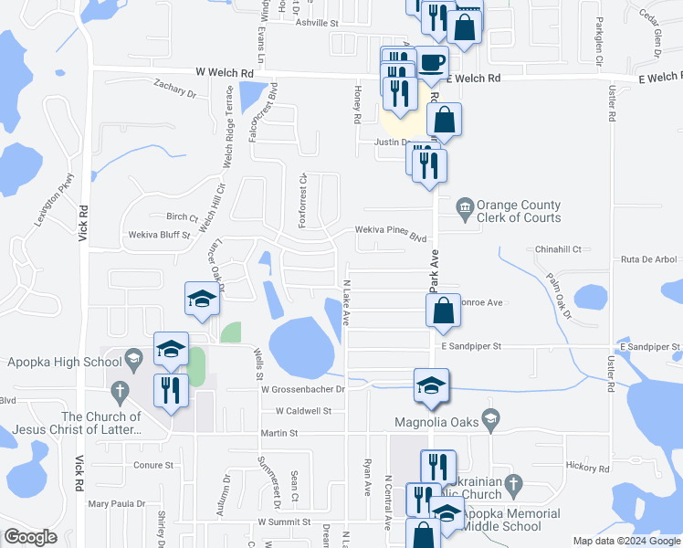 map of restaurants, bars, coffee shops, grocery stores, and more near 985 Eagles Forrest Drive in Apopka