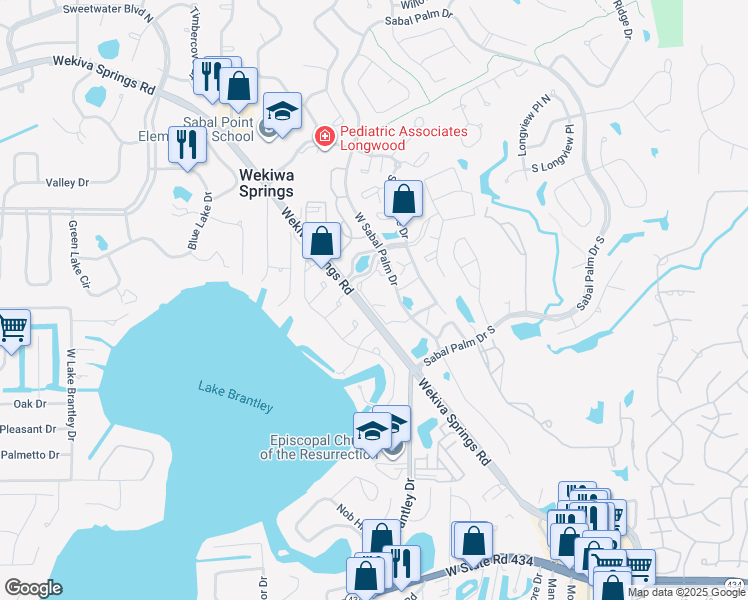 map of restaurants, bars, coffee shops, grocery stores, and more near 486 North Pin Oak Place in Longwood