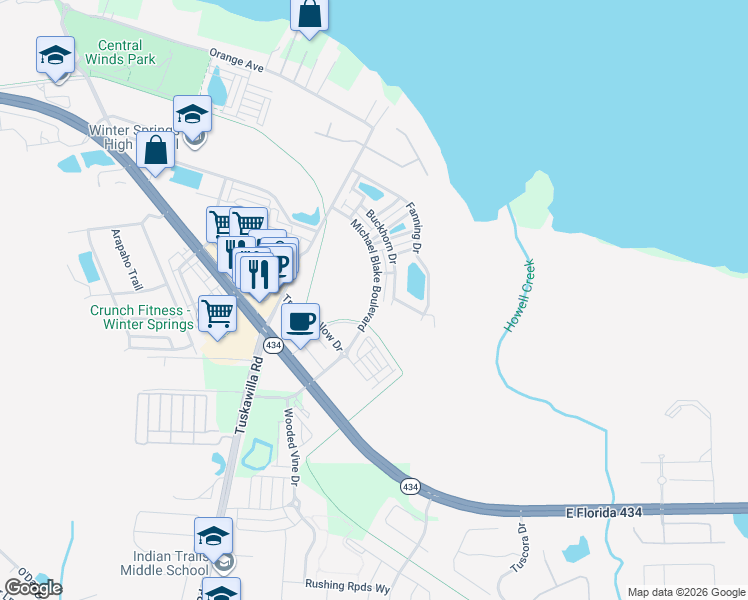 map of restaurants, bars, coffee shops, grocery stores, and more near 1200 Michael Blake Boulevard in Winter Springs