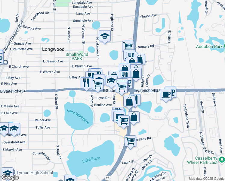 map of restaurants, bars, coffee shops, grocery stores, and more near 893 East State Road 434 in Longwood