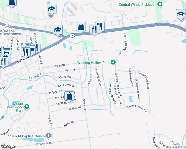 map of restaurants, bars, coffee shops, grocery stores, and more near 209 Holiday Lane in Winter Springs
