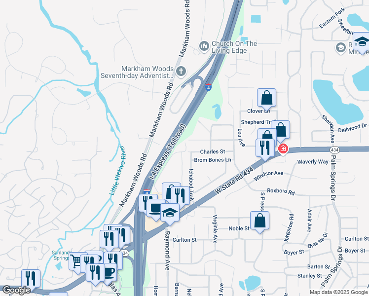 map of restaurants, bars, coffee shops, grocery stores, and more near 132 Charles Street in Longwood