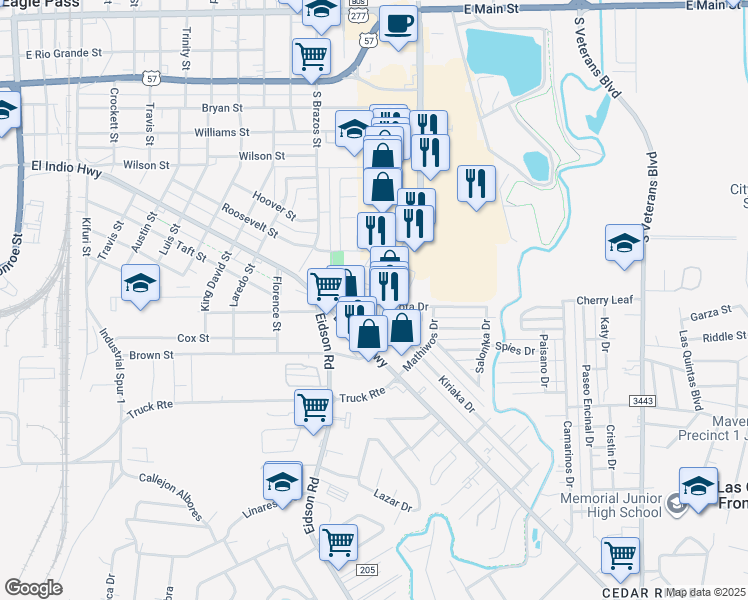 map of restaurants, bars, coffee shops, grocery stores, and more near 711 Farm-To-Market Road 375 in Eagle Pass