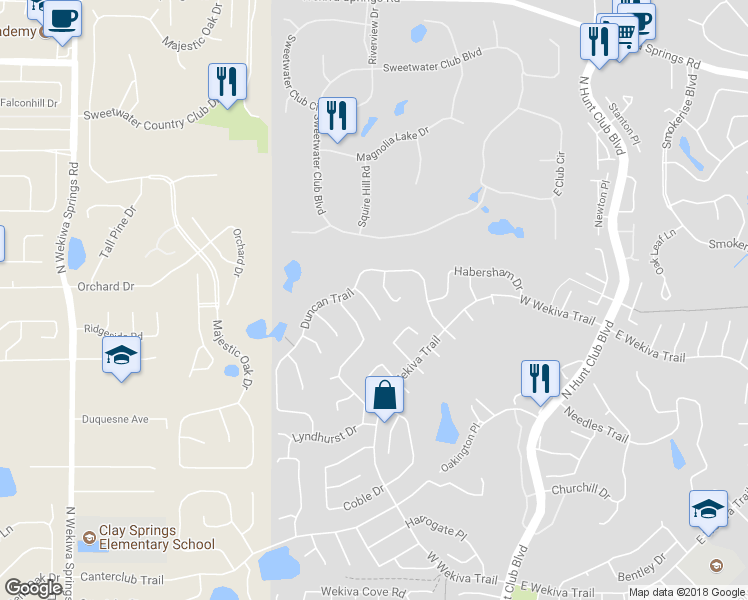 map of restaurants, bars, coffee shops, grocery stores, and more near 207 Regis Court in Longwood