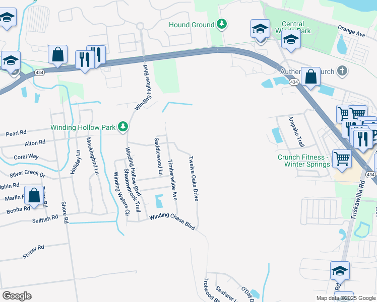 map of restaurants, bars, coffee shops, grocery stores, and more near 342 Twelve Oaks Drive in Winter Springs