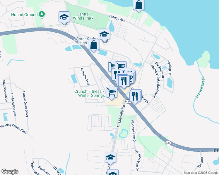 map of restaurants, bars, coffee shops, grocery stores, and more near 508 Crimson Lane in Winter Springs