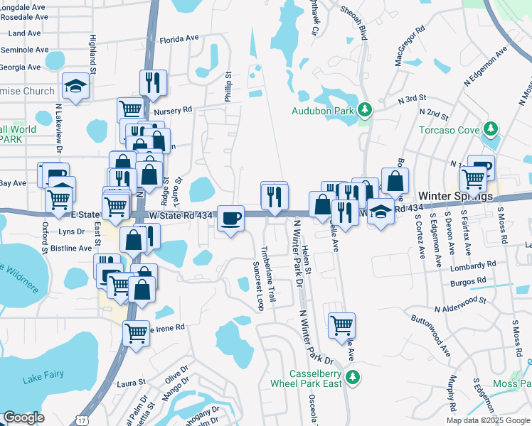map of restaurants, bars, coffee shops, grocery stores, and more near in Casselberry