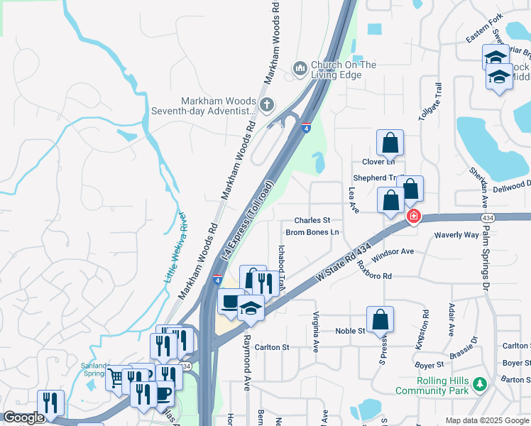 map of restaurants, bars, coffee shops, grocery stores, and more near 138 Springwood Circle in Longwood