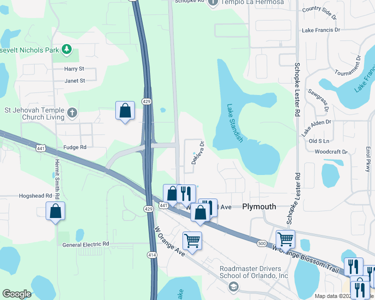 map of restaurants, bars, coffee shops, grocery stores, and more near 965 Dekleva Drive in Apopka