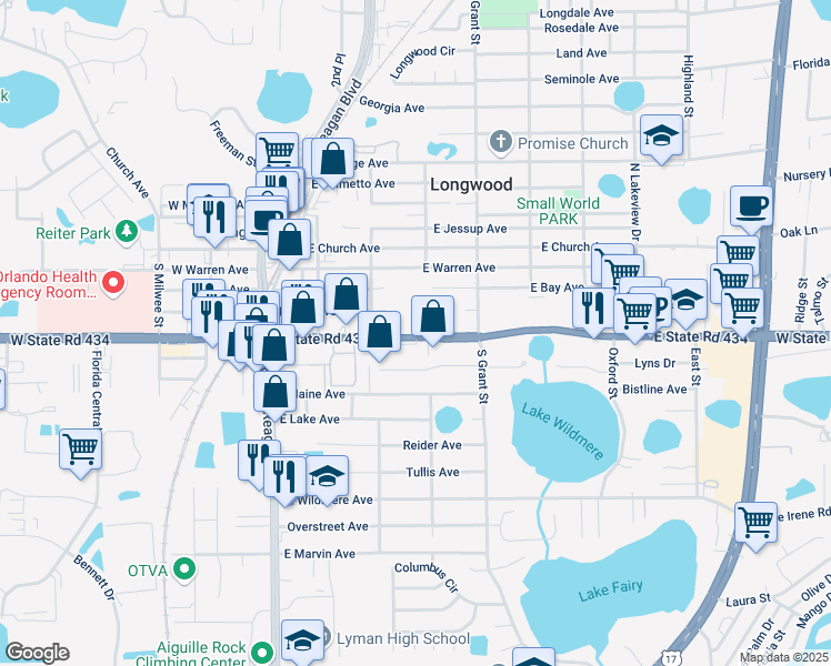map of restaurants, bars, coffee shops, grocery stores, and more near 377 East State Road 434 in Longwood