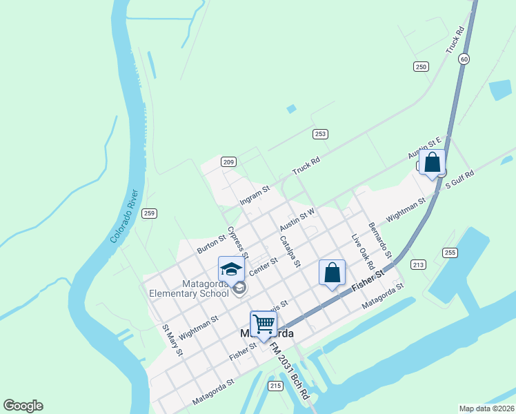 map of restaurants, bars, coffee shops, grocery stores, and more near County Road 210 in Matagorda
