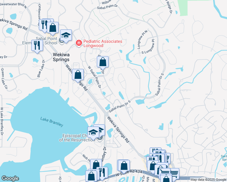 map of restaurants, bars, coffee shops, grocery stores, and more near 3310 Clubside Drive in Longwood