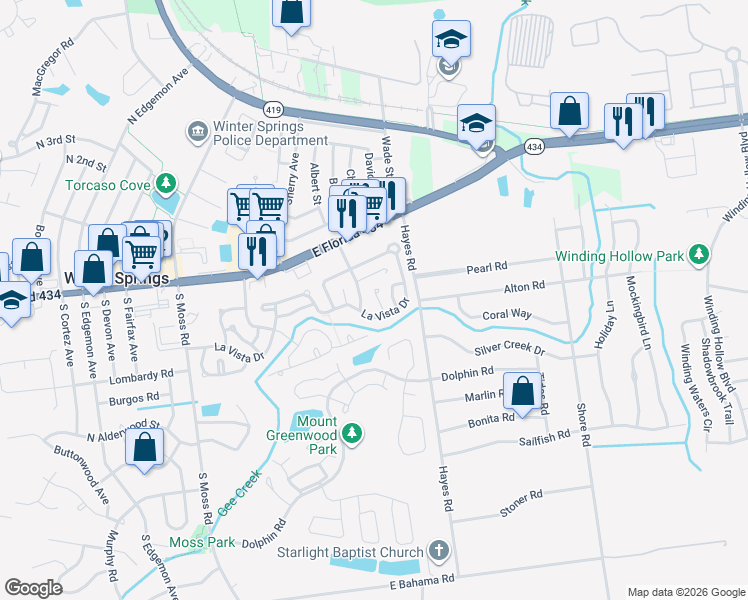 map of restaurants, bars, coffee shops, grocery stores, and more near 142 Columbus Circle in Winter Springs