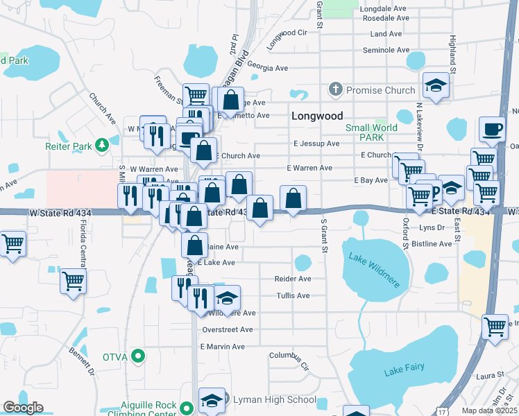 map of restaurants, bars, coffee shops, grocery stores, and more near 305 Florida 434 in Longwood
