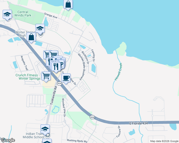 map of restaurants, bars, coffee shops, grocery stores, and more near 468 Buckhorn Drive in Winter Springs