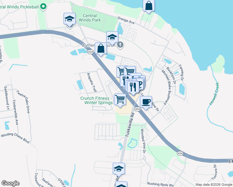 map of restaurants, bars, coffee shops, grocery stores, and more near 351 Lansbrook Lane in Winter Springs