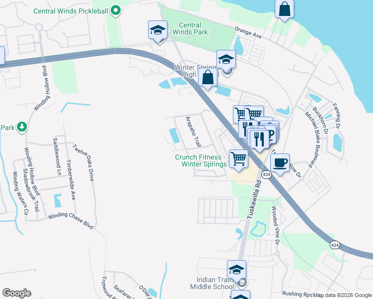 map of restaurants, bars, coffee shops, grocery stores, and more near 1053 Cheyenne Trail in Winter Springs