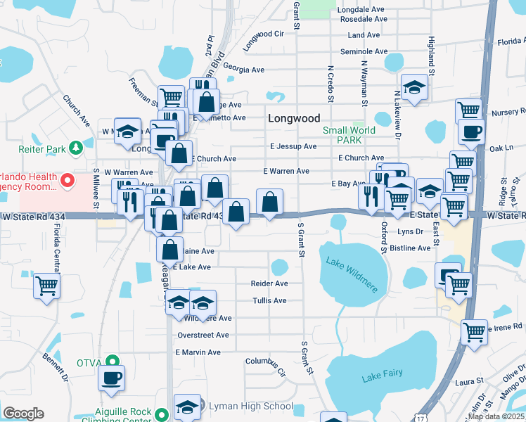 map of restaurants, bars, coffee shops, grocery stores, and more near 377 East State Road 434 in Longwood