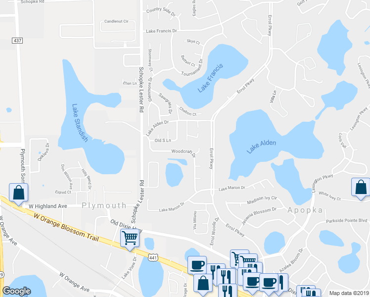 map of restaurants, bars, coffee shops, grocery stores, and more near 907 Woodcraft Drive in Apopka