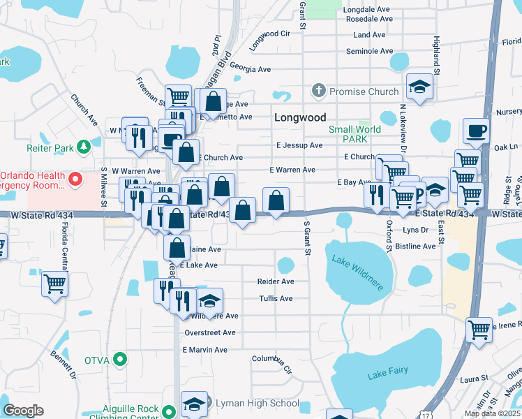 map of restaurants, bars, coffee shops, grocery stores, and more near 377 East State Road 434 in Longwood