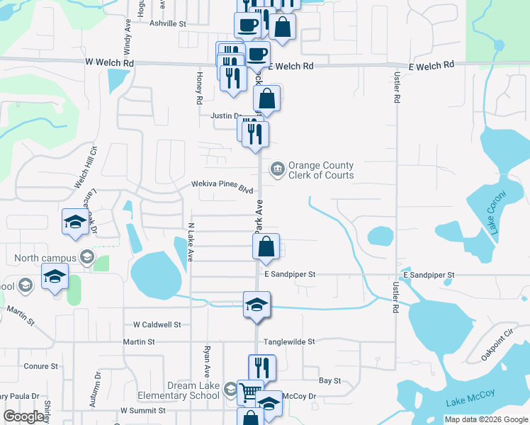 map of restaurants, bars, coffee shops, grocery stores, and more near 100-126 Washinton Ave in Apopka