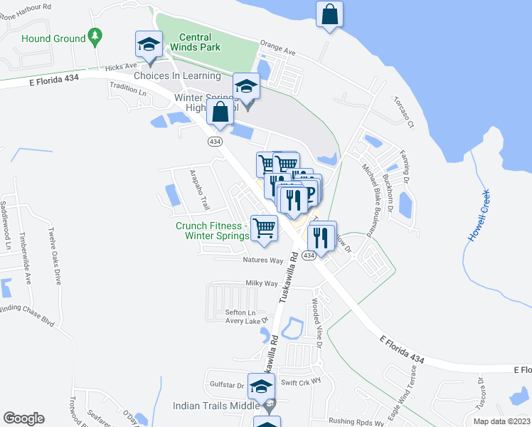 map of restaurants, bars, coffee shops, grocery stores, and more near 385 Old Farm Lane in Winter Springs