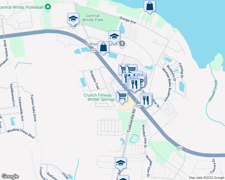 map of restaurants, bars, coffee shops, grocery stores, and more near 223 McLeod's Way in Winter Springs