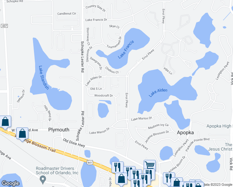 map of restaurants, bars, coffee shops, grocery stores, and more near 2073 Nexus Court in Apopka