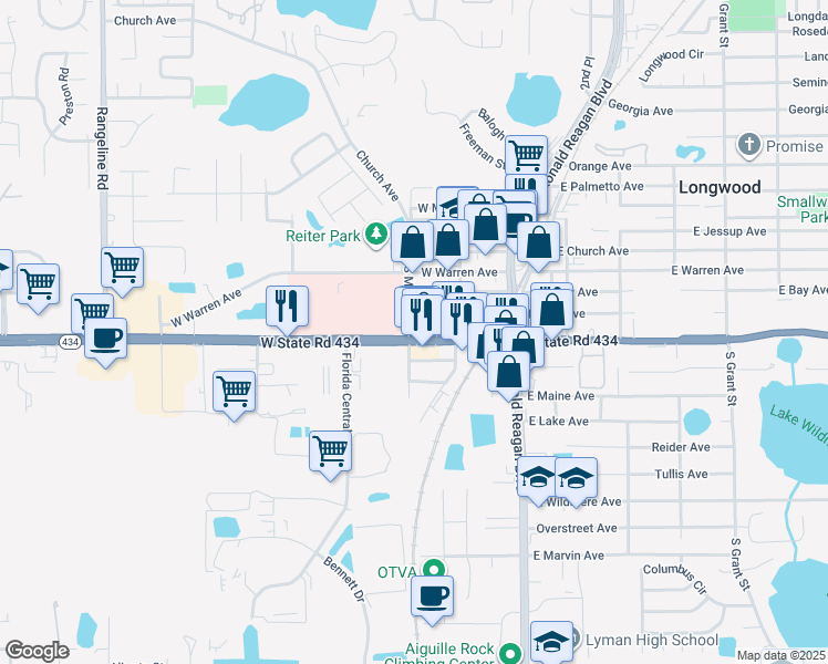 map of restaurants, bars, coffee shops, grocery stores, and more near 451 South Milwee Street in Longwood