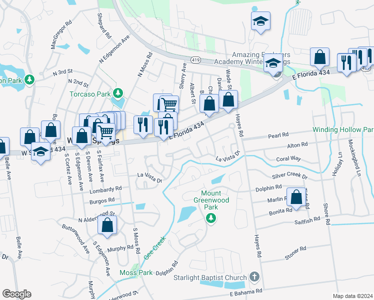 map of restaurants, bars, coffee shops, grocery stores, and more near 397 El Camino Real Circle in Winter Springs