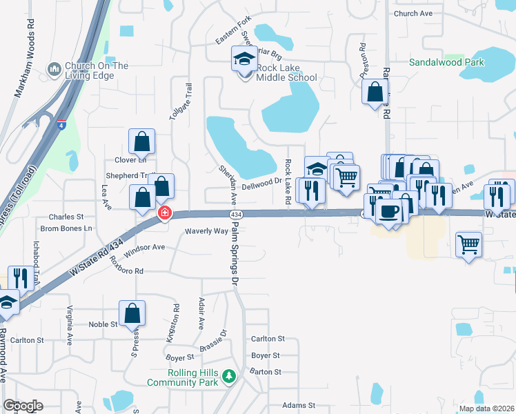 map of restaurants, bars, coffee shops, grocery stores, and more near 115 Glendale Drive in Longwood