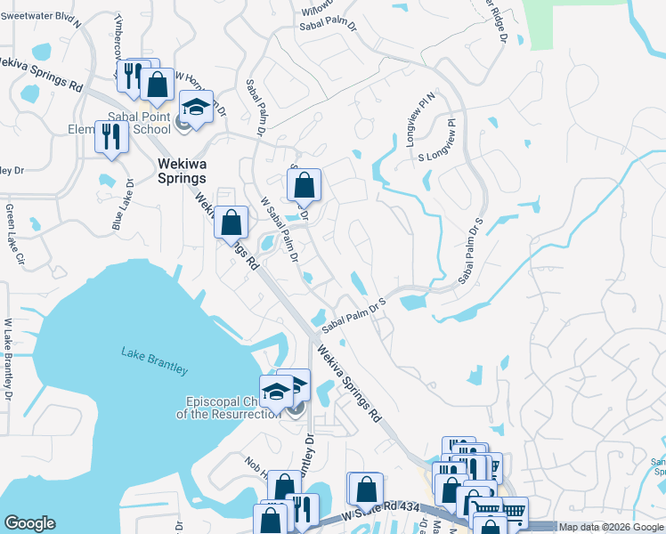 map of restaurants, bars, coffee shops, grocery stores, and more near 4102 Clubside Drive in Longwood