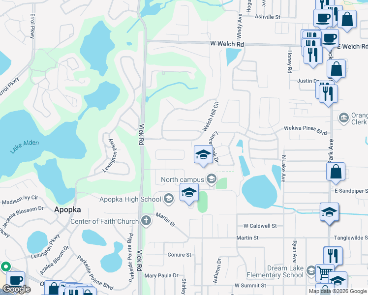 map of restaurants, bars, coffee shops, grocery stores, and more near 492 Lisa Karen Circle in Apopka