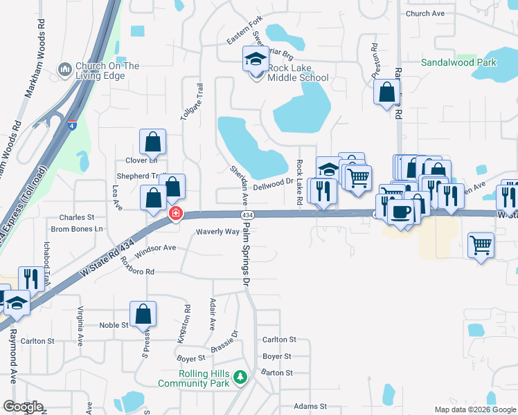 map of restaurants, bars, coffee shops, grocery stores, and more near 115 Glendale Drive in Longwood