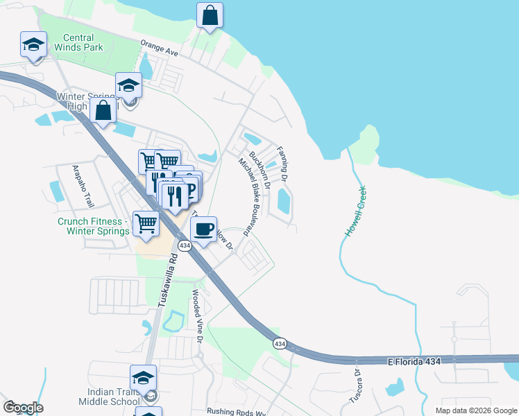 map of restaurants, bars, coffee shops, grocery stores, and more near 1200 Michael Blake Boulevard in Winter Springs