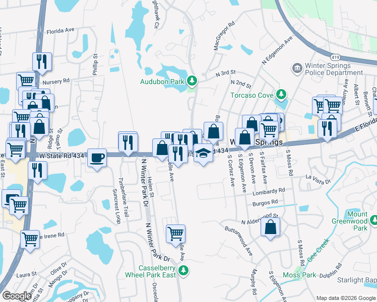 map of restaurants, bars, coffee shops, grocery stores, and more near 10 Sheoah Boulevard in Winter Springs