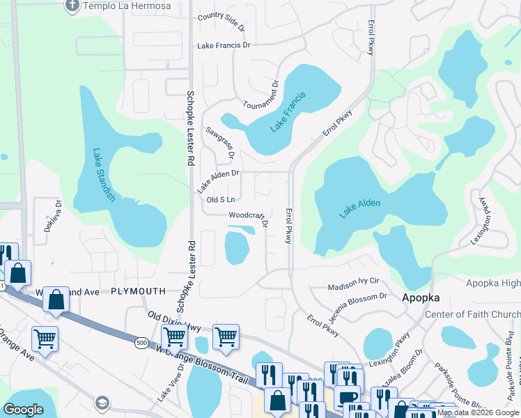 map of restaurants, bars, coffee shops, grocery stores, and more near 2073 Nexus Court in Apopka
